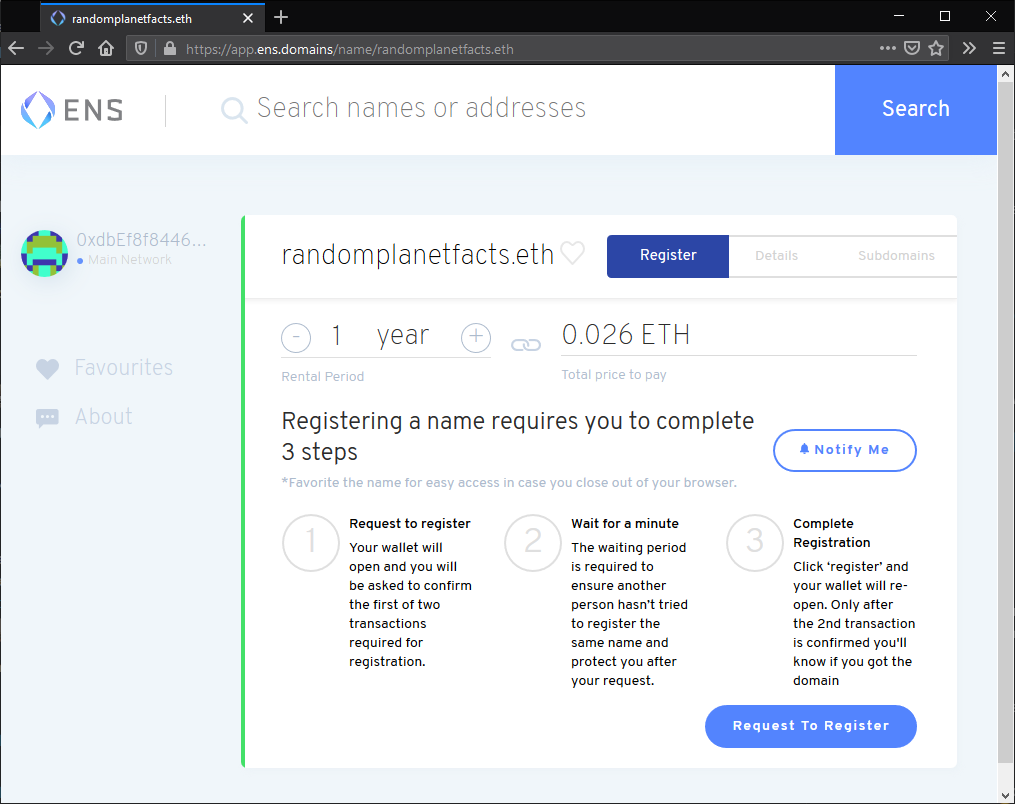 Registration screen within ENS.